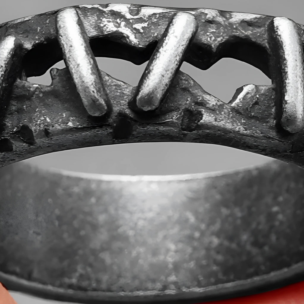 Men's stainless steel double band gothic ring with stitched design detail in silver.