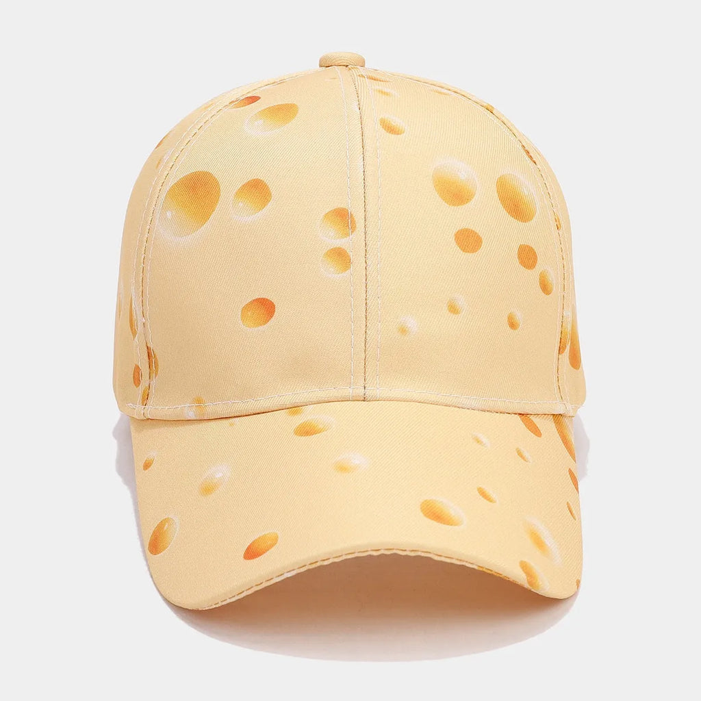 Cheese pattern printed adjustable peaked cap with dome crown style