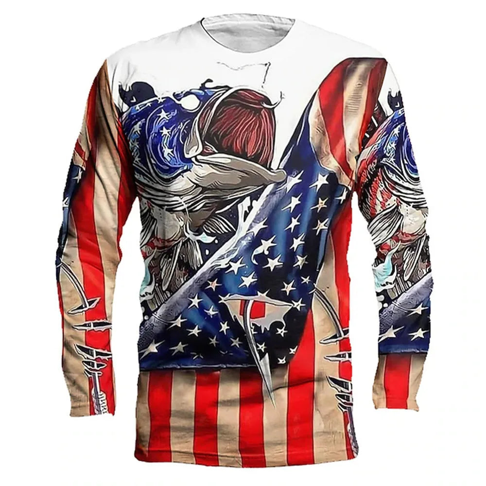 Men's grey round neck pullover with a large colourful fish graphic print on the front.