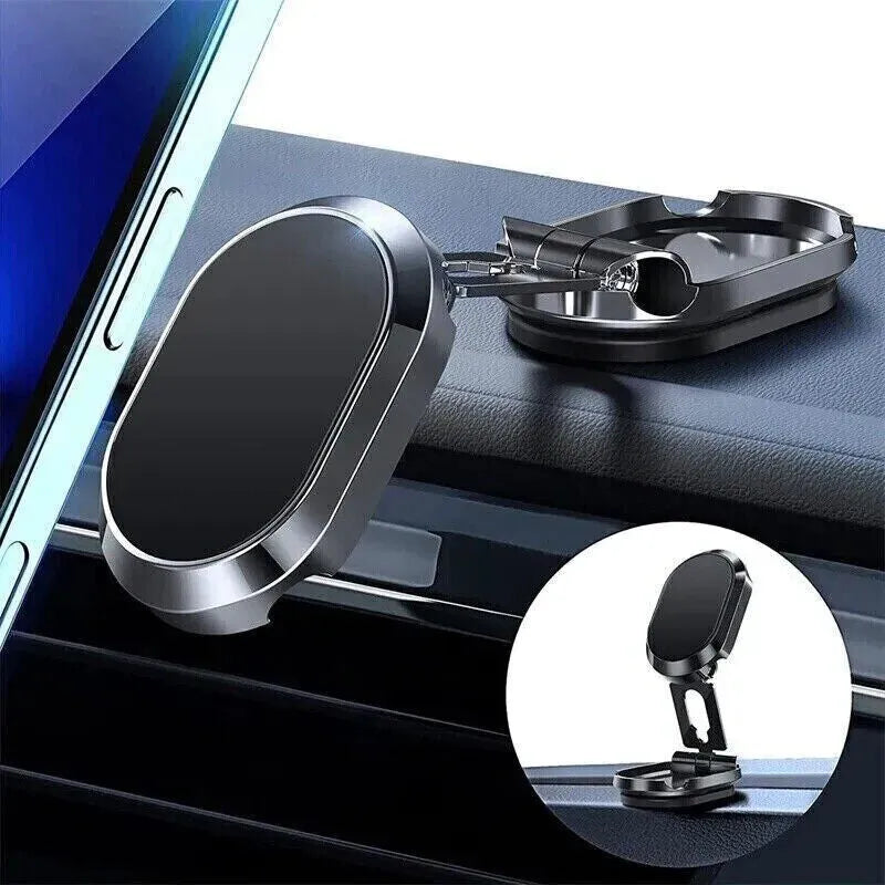 Chrome magnetic car phone holder dashboard mount folded and extended views showing foldable bracket and adhesive base