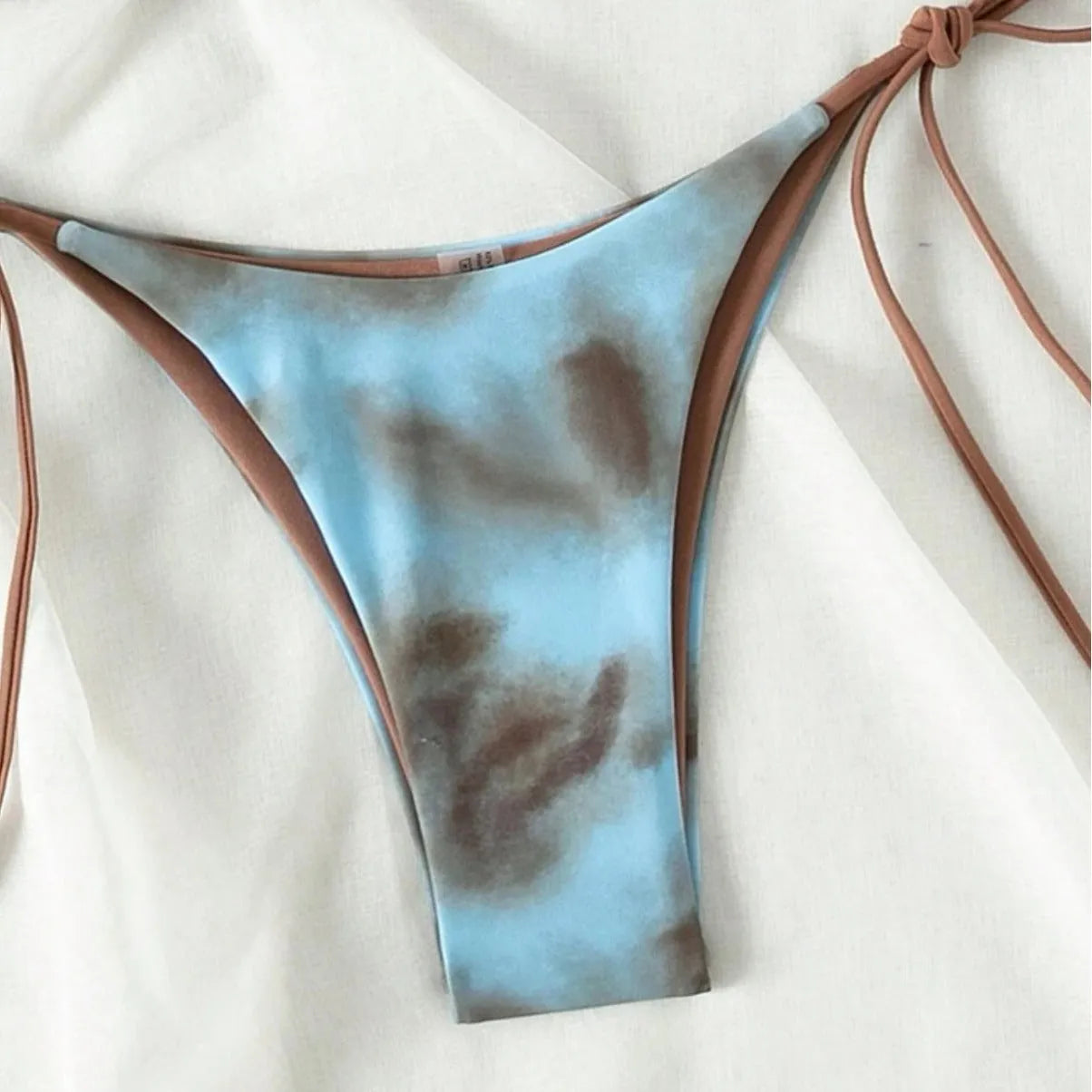 Women's two-piece lacing bikini set in brown and yellow polyester fabric