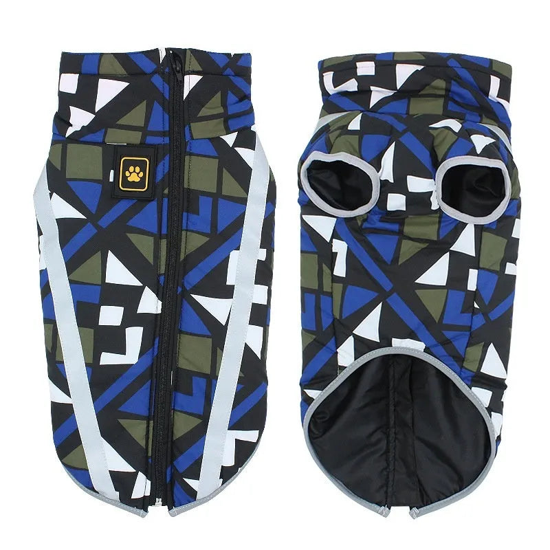 Thick reflective dog jacket in geometric blue, shown on a large breed dog.