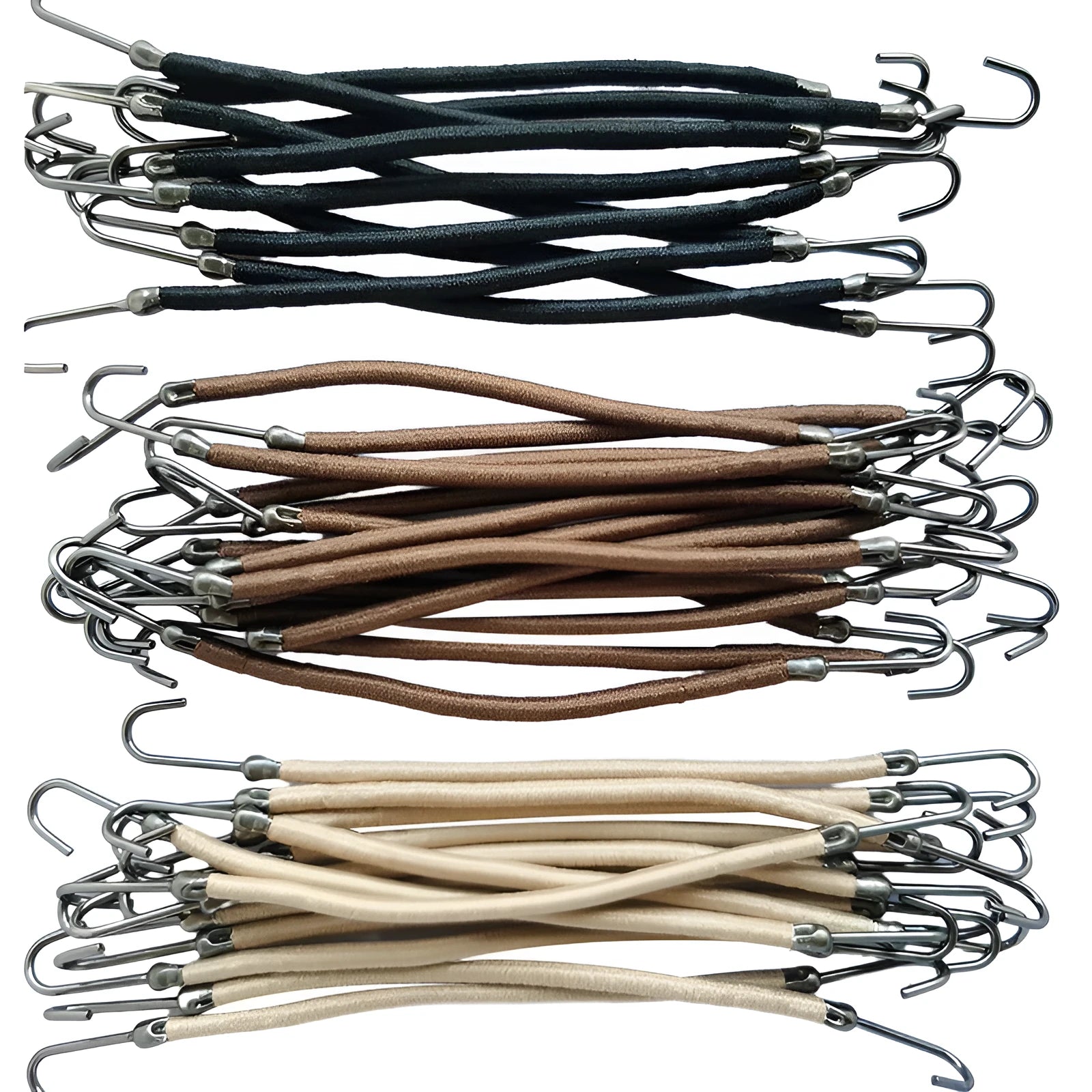 Double hook wig attachment tools in black, dark brown, and light brown colours