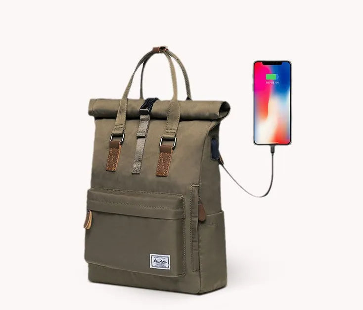 Casual black polyester backpack with a cover flap, shown with a laptop pocket and internal organisation.