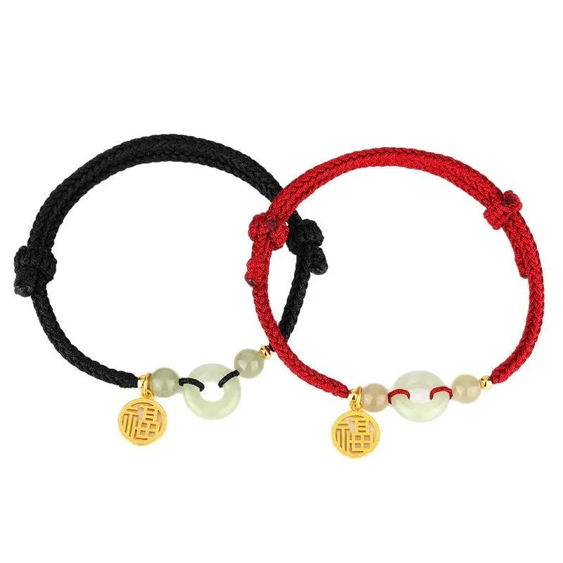 Silver geometric peace buckle Hetian jade bracelet with adjustable strap in black or wine red