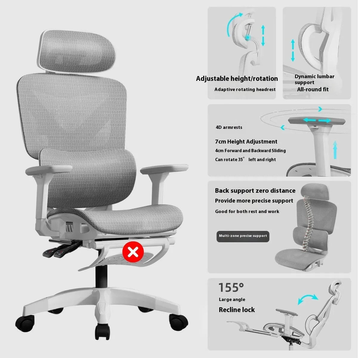 Ergonomic gaming chair with black frame, mesh seat, 4D adjustable armrests, and footrest on a neutral background