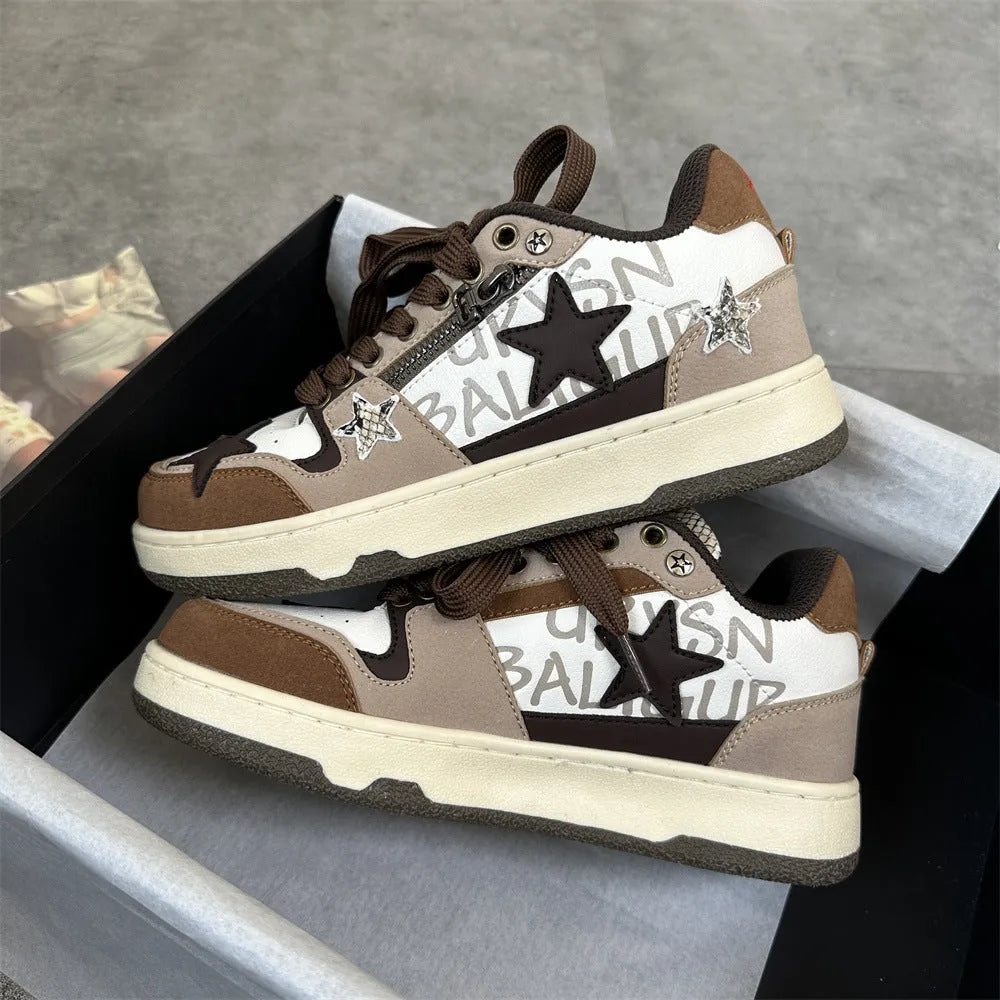 Brown candy colour low-top sneakers for women with artificial PU upper and rubber sole, round toe, lace-up closure