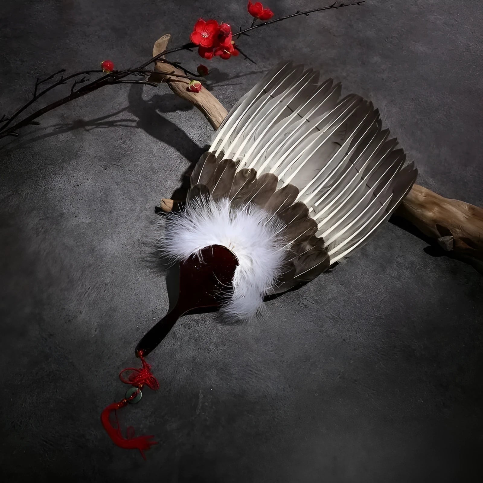 Handmade three-layer feather fan 33cm Zhuge Liang design decorative fan