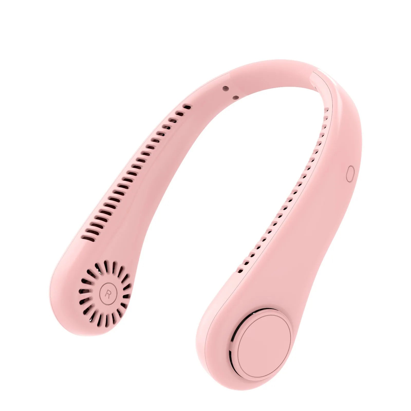 A white rechargeable bladeless neck fan hanging around a person's neck, showing its compact, hands-free design.