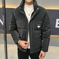 Men's stand collar corduroy down jacket in brown, front view, lightweight design with white duck down insulation