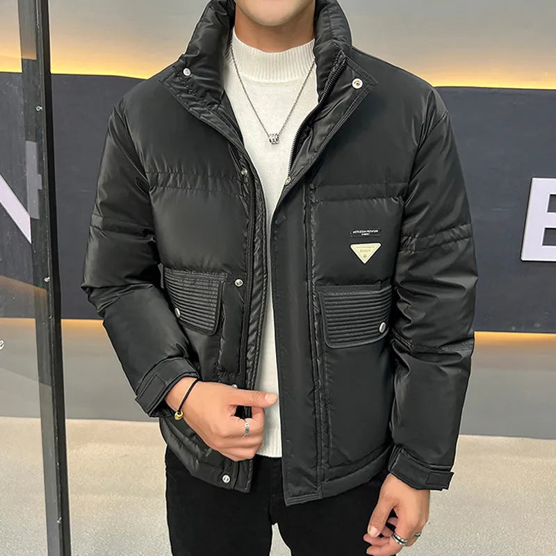 Men's stand collar corduroy down jacket in brown, front view, lightweight design with white duck down insulation