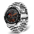 Smart watch with stainless steel wristband and 1.3-inch touch screen display showing step count