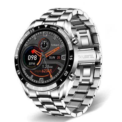 Smart watch with stainless steel wristband and 1.3-inch touch screen display showing step count