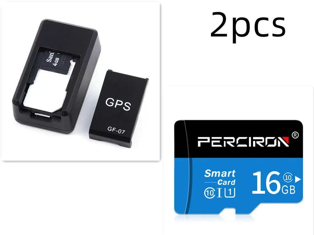 Small black plastic magnetic GPS tracker device next to a USB charging cable.