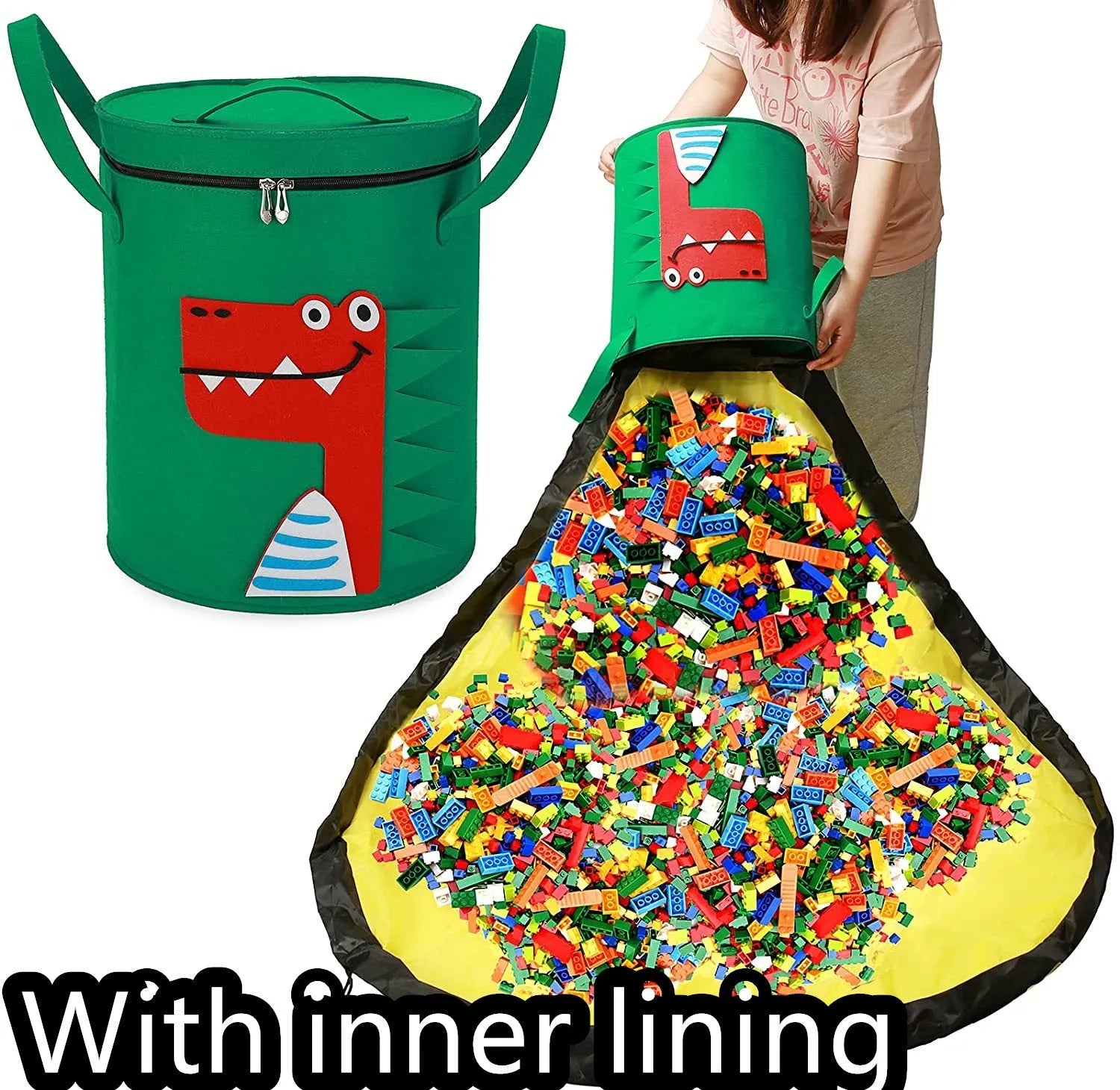 Green felt cube storage bag with pull rope closure shown as toy play mat