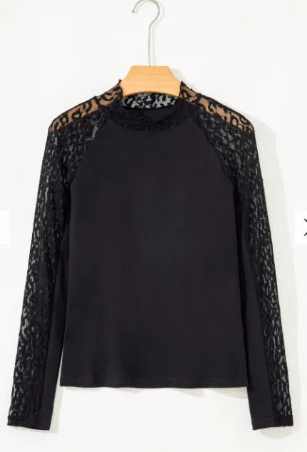 Black leopard print mesh stitching knitted long-sleeved top for women