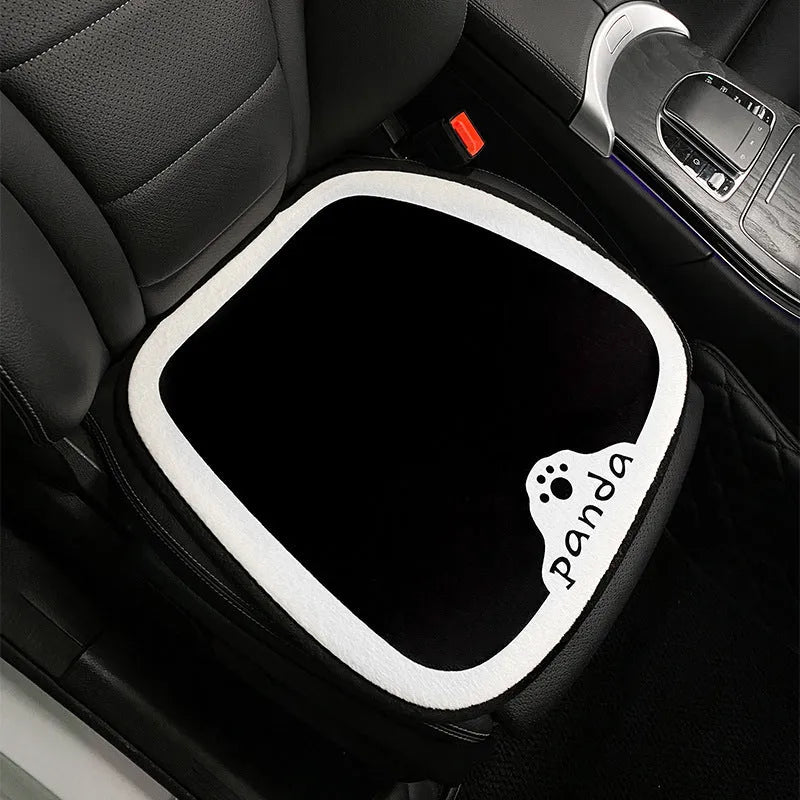 Winter plush panda car seat cushion with elastic hemming and memory foam filler on car seat