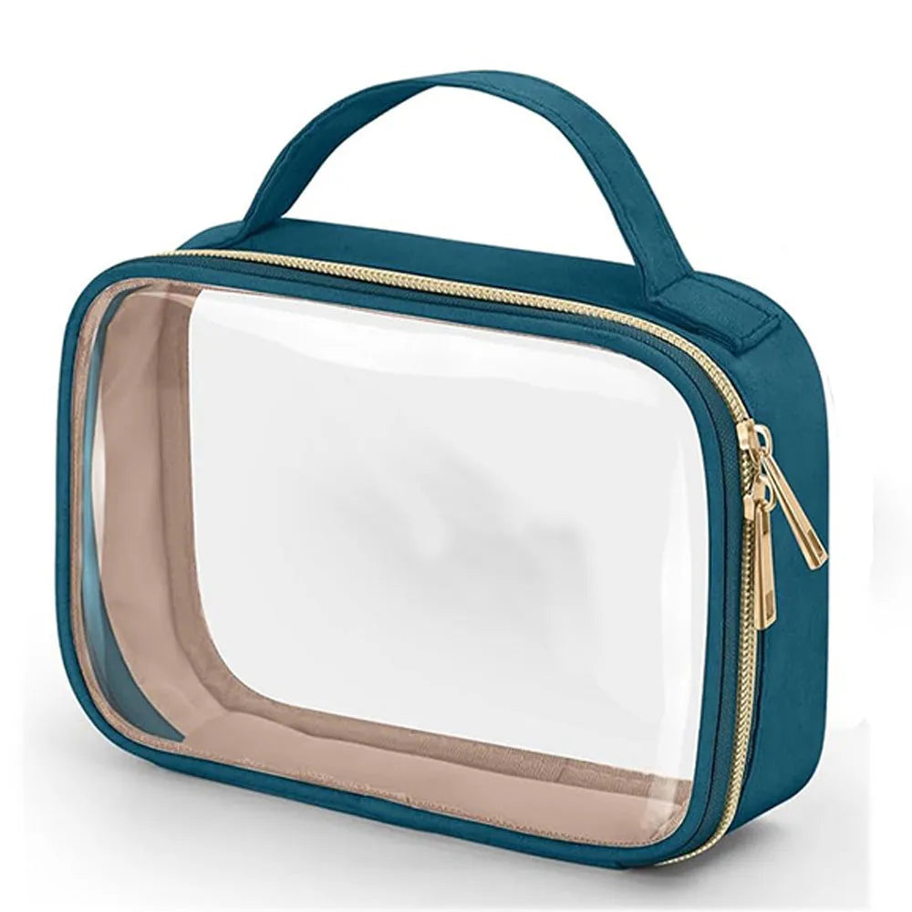 Transparent PVC cosmetic wash bag with chain handle showing visible lipstick storage