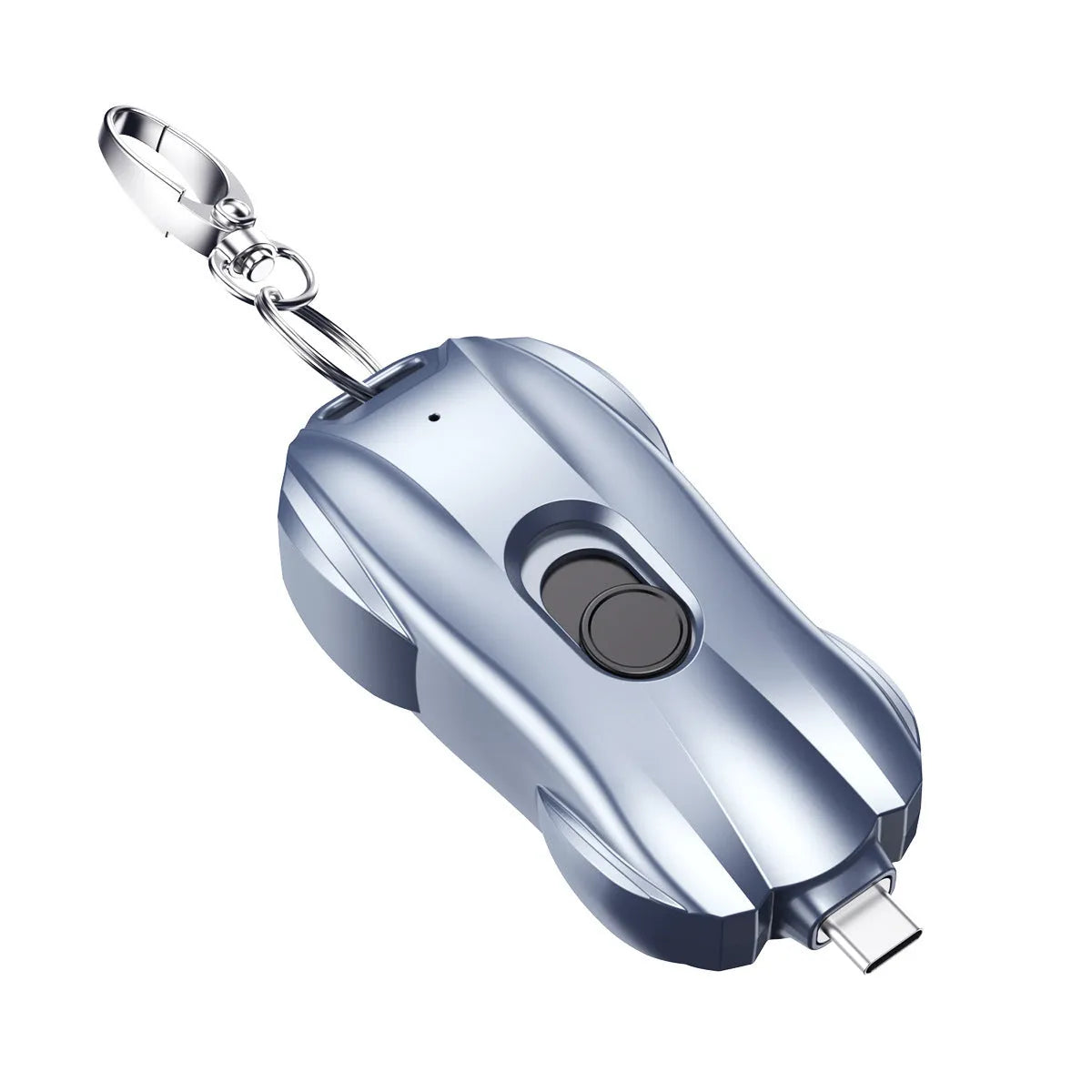 Mini plastic keychain power bank with 1500mAh capacity on a keyring.
