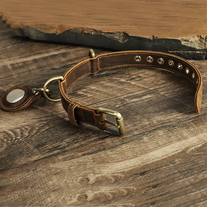Brown handmade genuine cowhide leather dog collar shown on a flat surface.