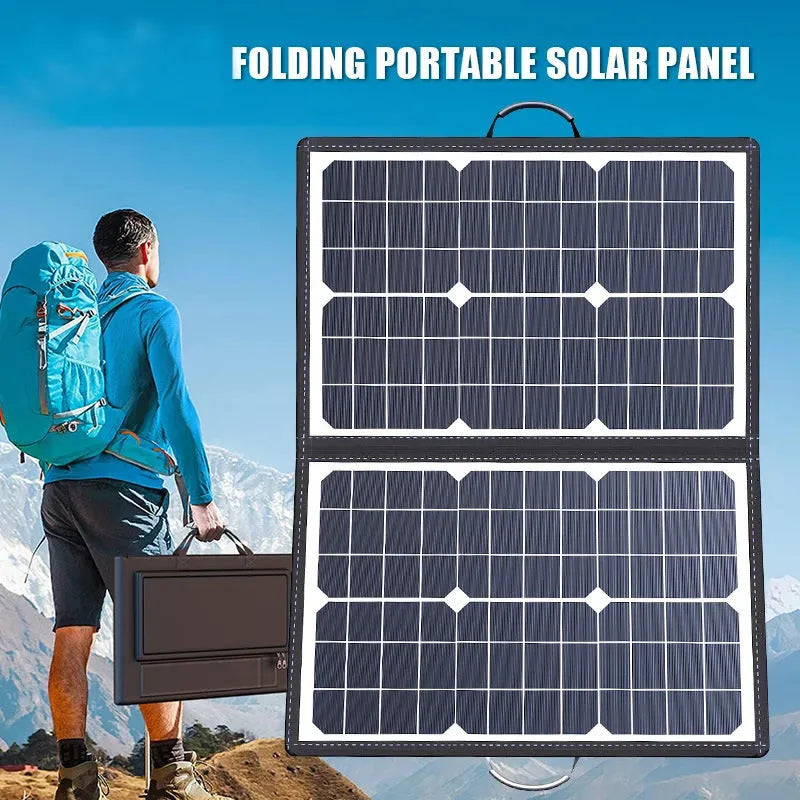 Black 40W single crystal solar panel folded inside its portable carrying bag.