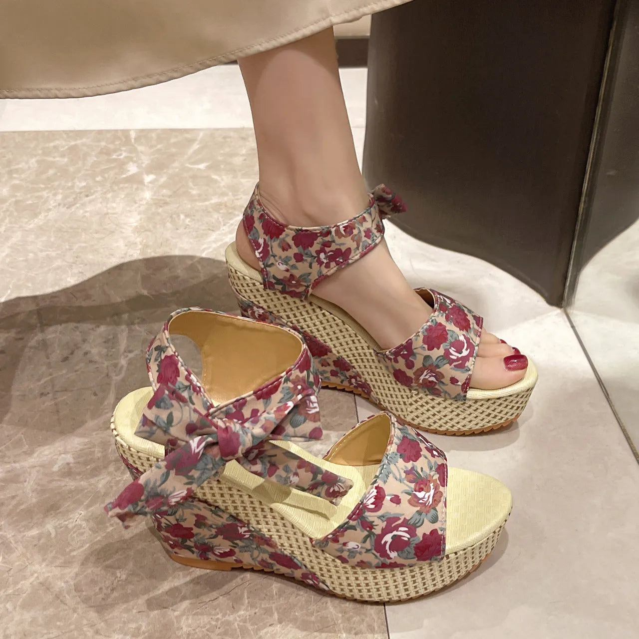 Women's floral wedge sandals with peep toe and ankle strap buckle in available colour options