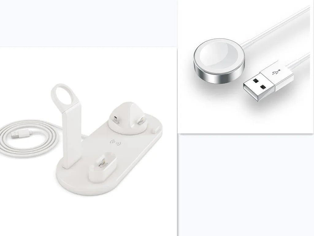 4 in 1 wireless charger stand for iPhone Samsung iWatch AirPods in black silicone material with 360 degree rotating dock
