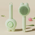 Self-cleaning pet hair brush with release button and stainless steel comb for cat and dog shedding