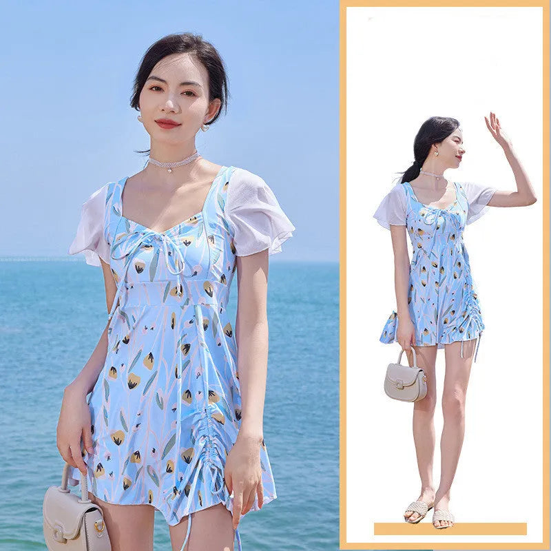 Women's sea salt blue floral print one-piece swimsuit with personalisation option