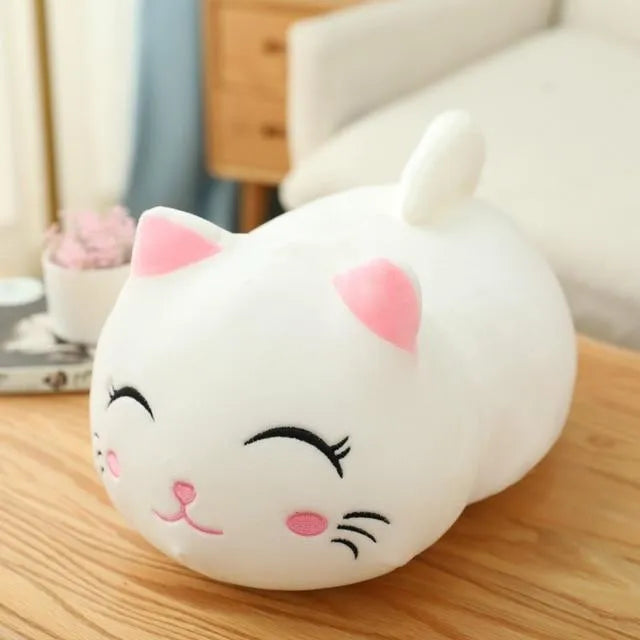 Soft grey cat plush doll with down cotton filling on a white background.
