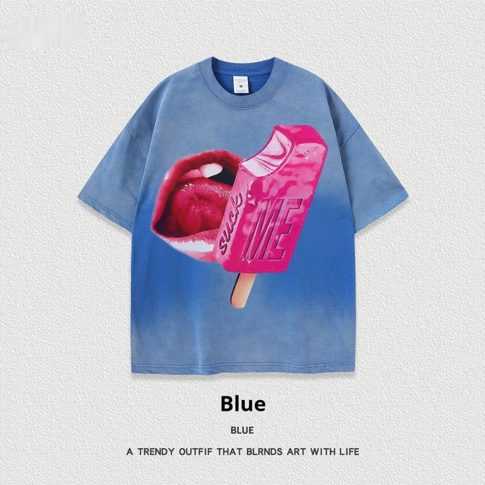 Heavy washed cotton street t-shirt with cartoon pattern in loose fit on mannequin