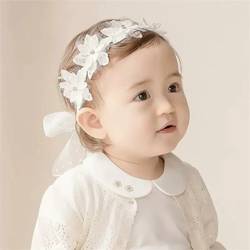 Baby girls headband with double bow-knot and lace floral design in soft cloth material