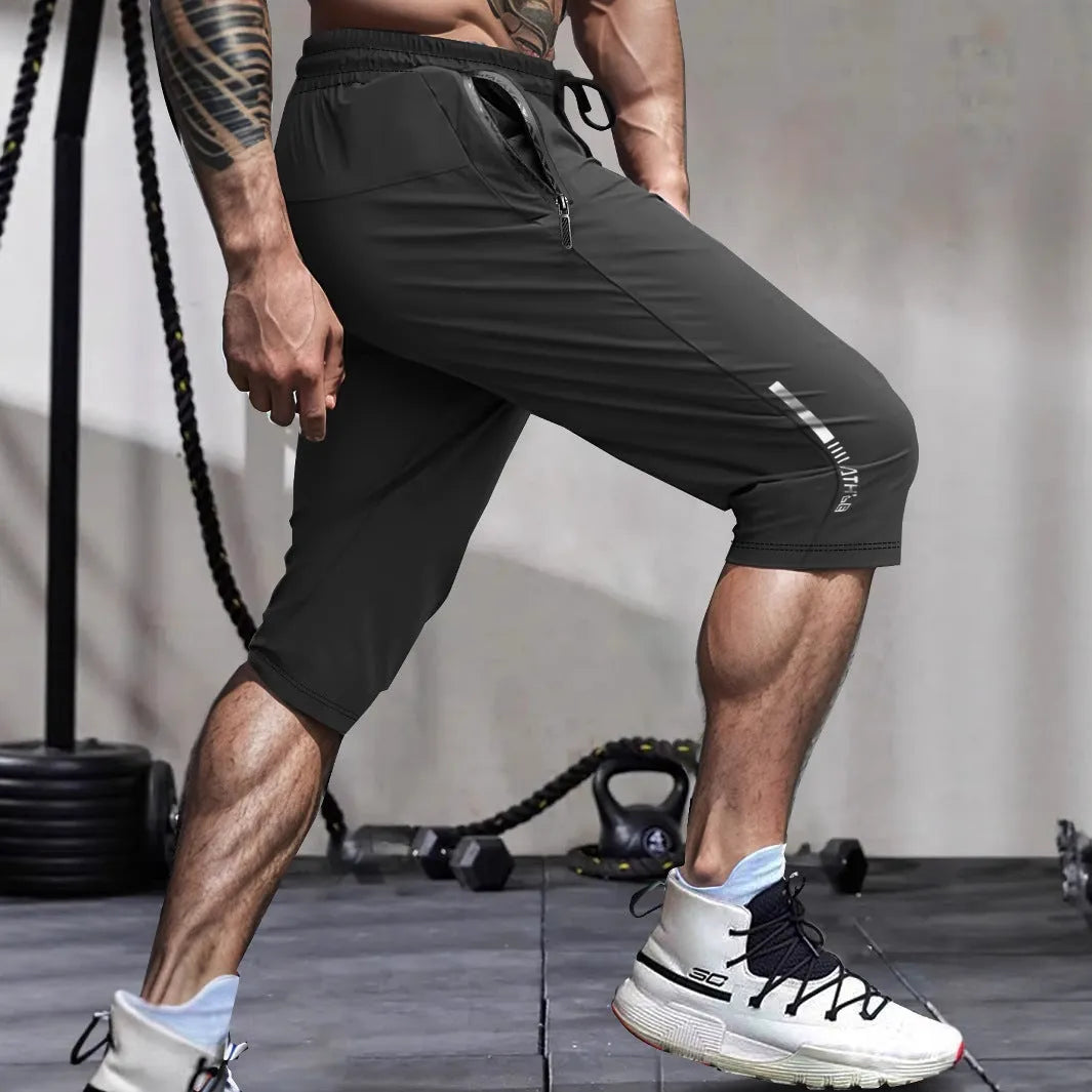 Men's ice silk cropped sports casual pants in nylon fabric with straight-leg design
