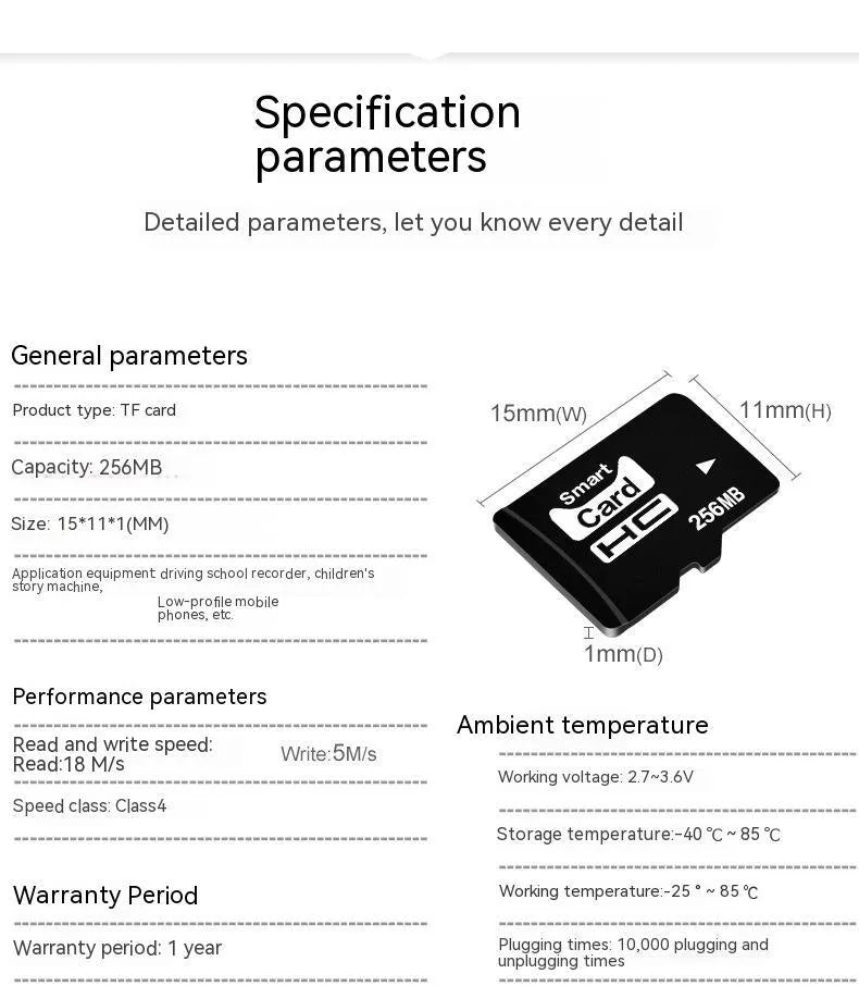 256MB TF memory card with compact 11x15x1mm dimensions for digital devices
