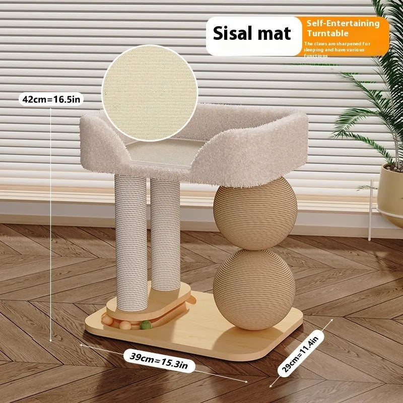Pine wood cat bed with double columns and integrated grasping balls for scratching
