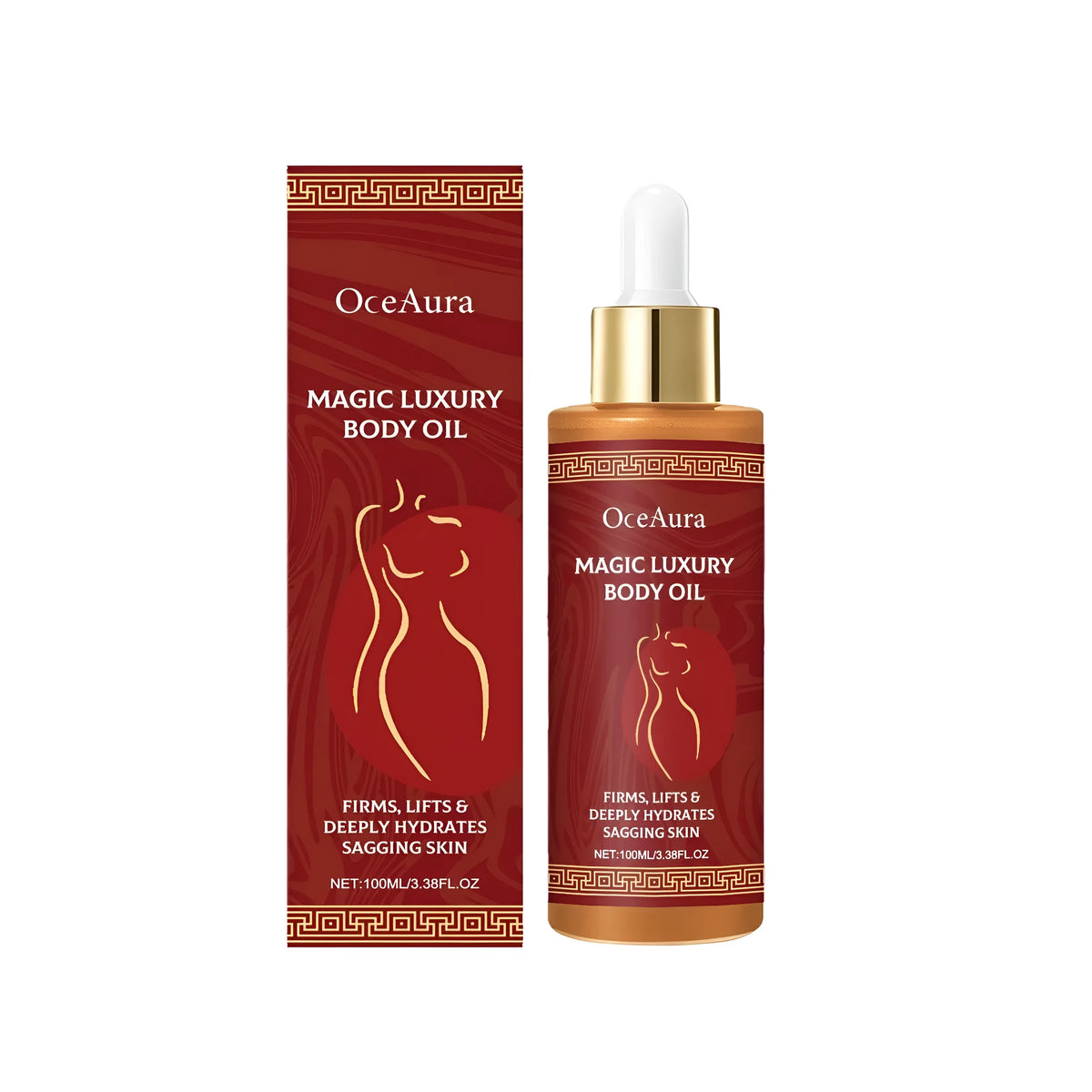 Rose Hip Body Oil 100ml bottle with hydrating formula containing Rosa davurica extract, shown on a clean surface.