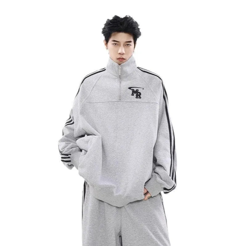 Black Hong Kong style hoodie with stand collar and long sleeves for casual sports wear
