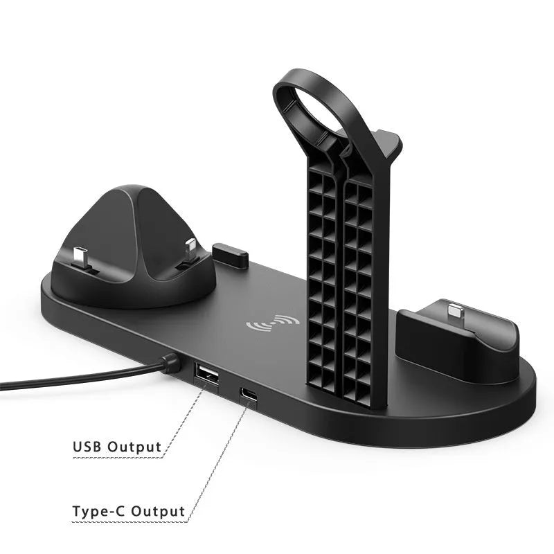 Black wireless charging stand holding a mobile phone and smartwatch upright with headphones in slot.