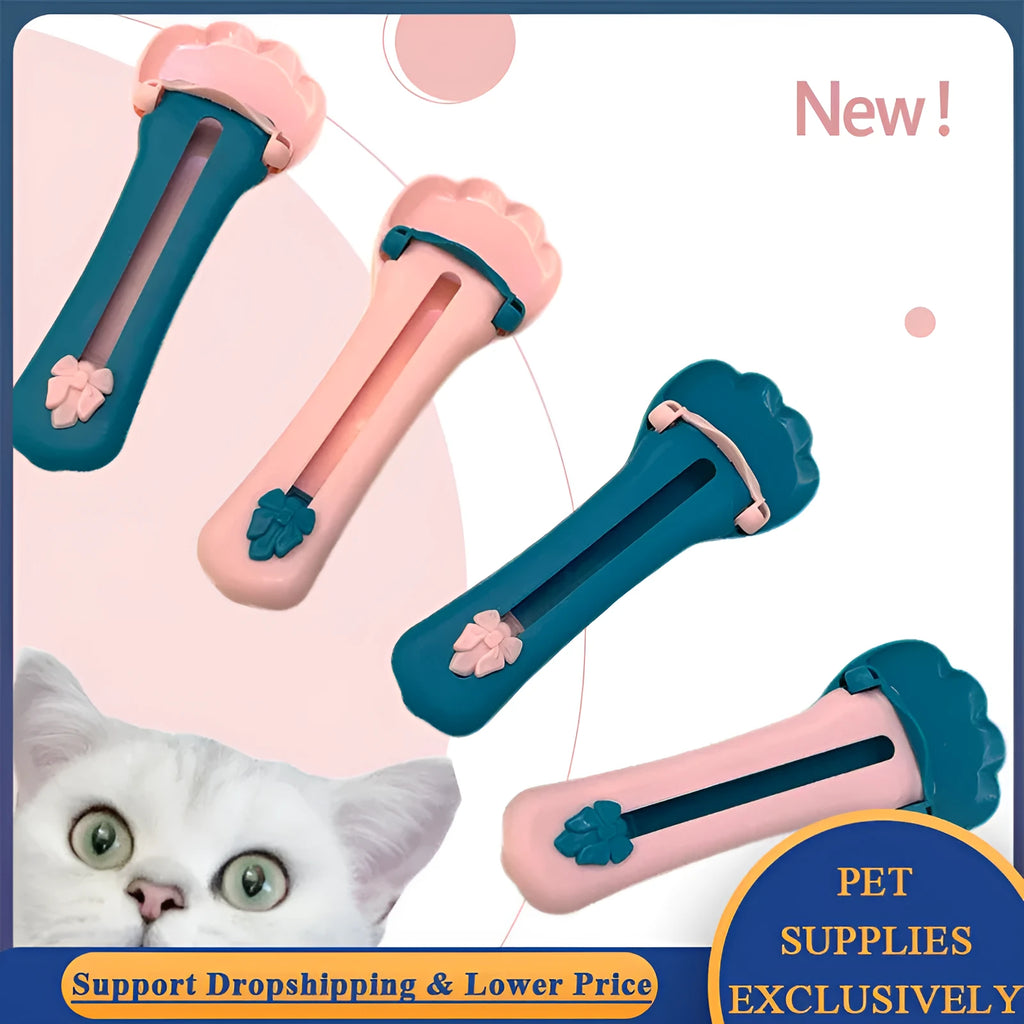 Green and pink pet feed spoon for snack extrusion and cereal dispensing with squeezer feeder design