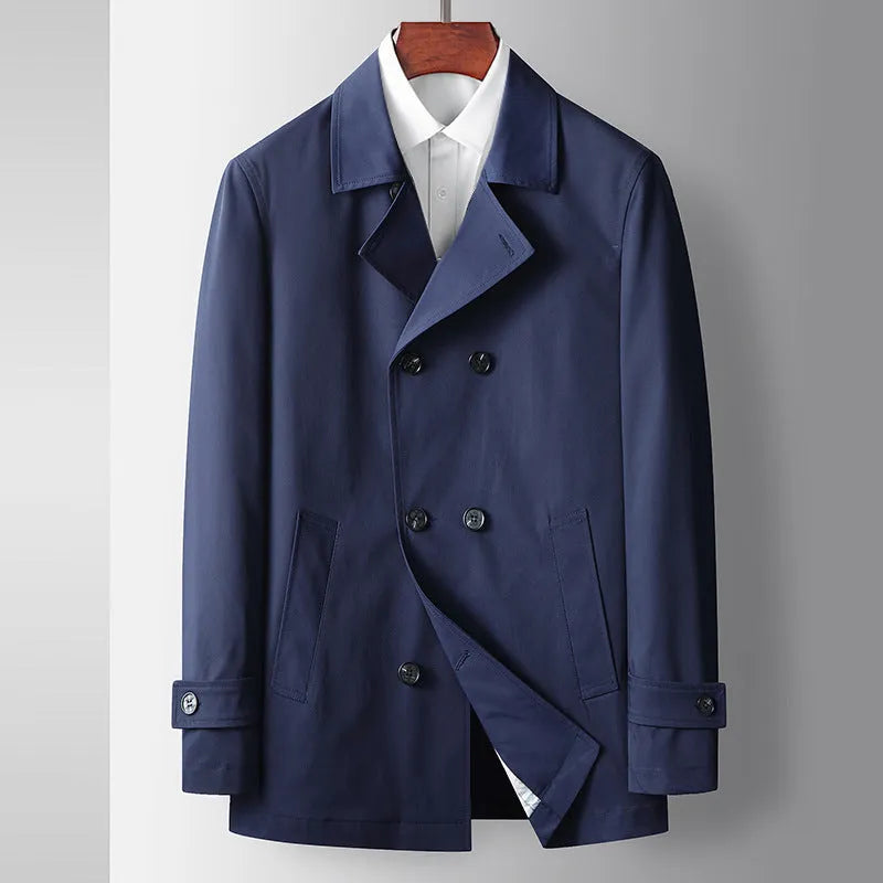 Men's light luxury double-breasted trench coat in blue, slim fit, lapel collar for casual wear