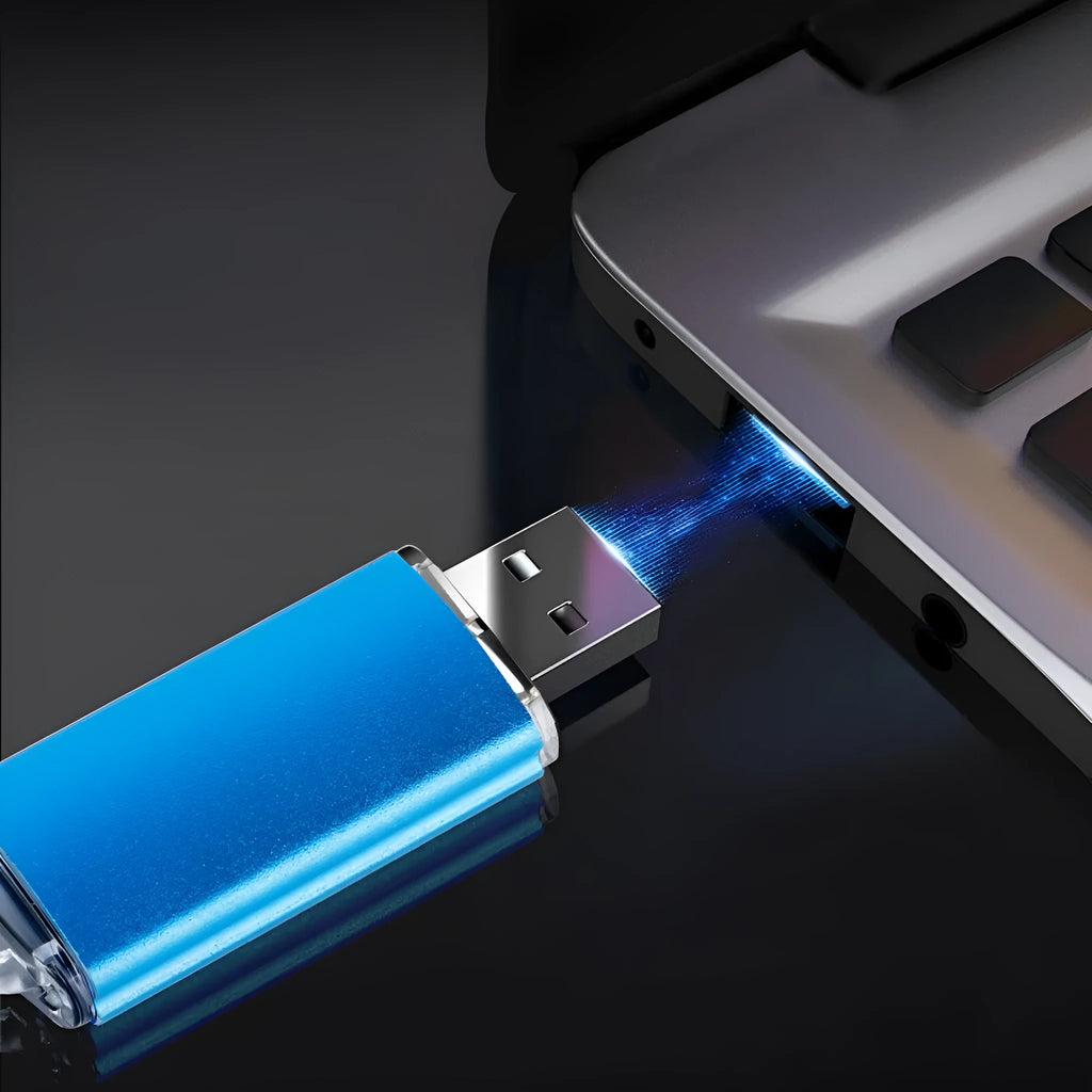 Purple metal USB 2.0 flash drive with compact rectangular shape on plain background