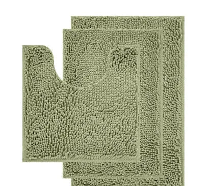 Chenille long hair three-piece bathroom mat set showing square, rectangular, and U-shaped pieces in a modern colour.