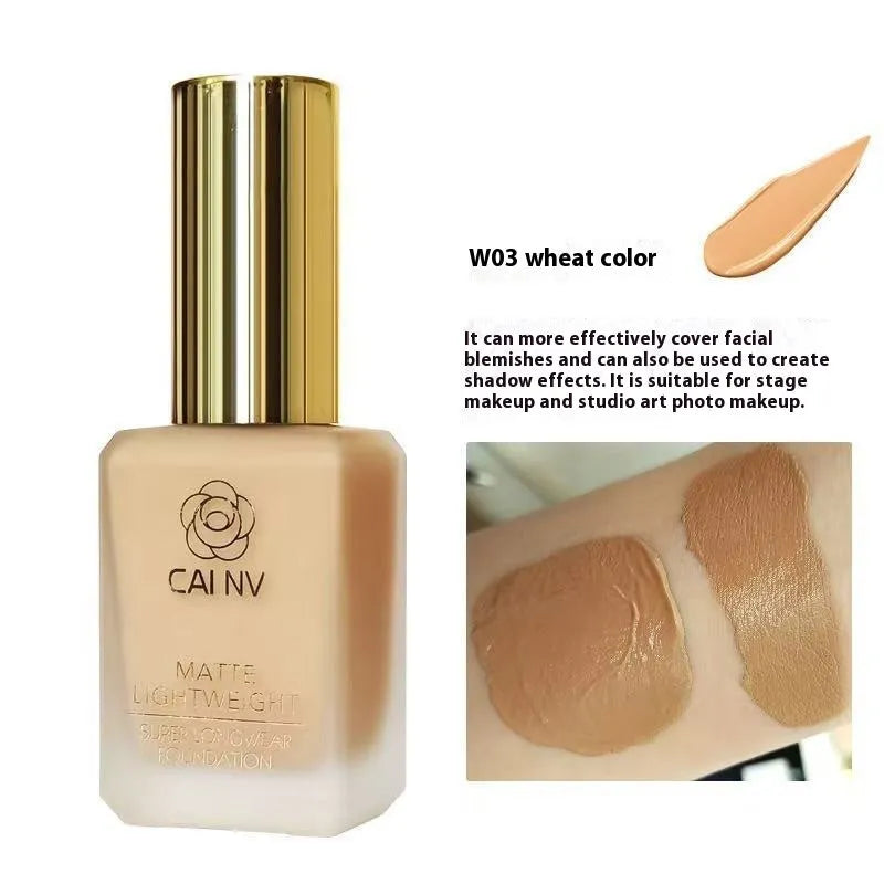 Liquid foundation bottle with discolouration resistance for mixed skin types in six shade options