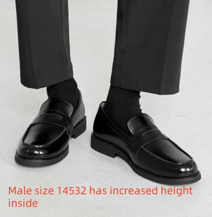 Black men's classic slip-on derby leather shoes with a rubber sole, shown in a mature style.