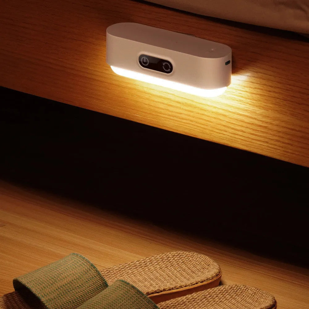 White USB rechargeable magnetic LED study light with touch controls and motion sensor.