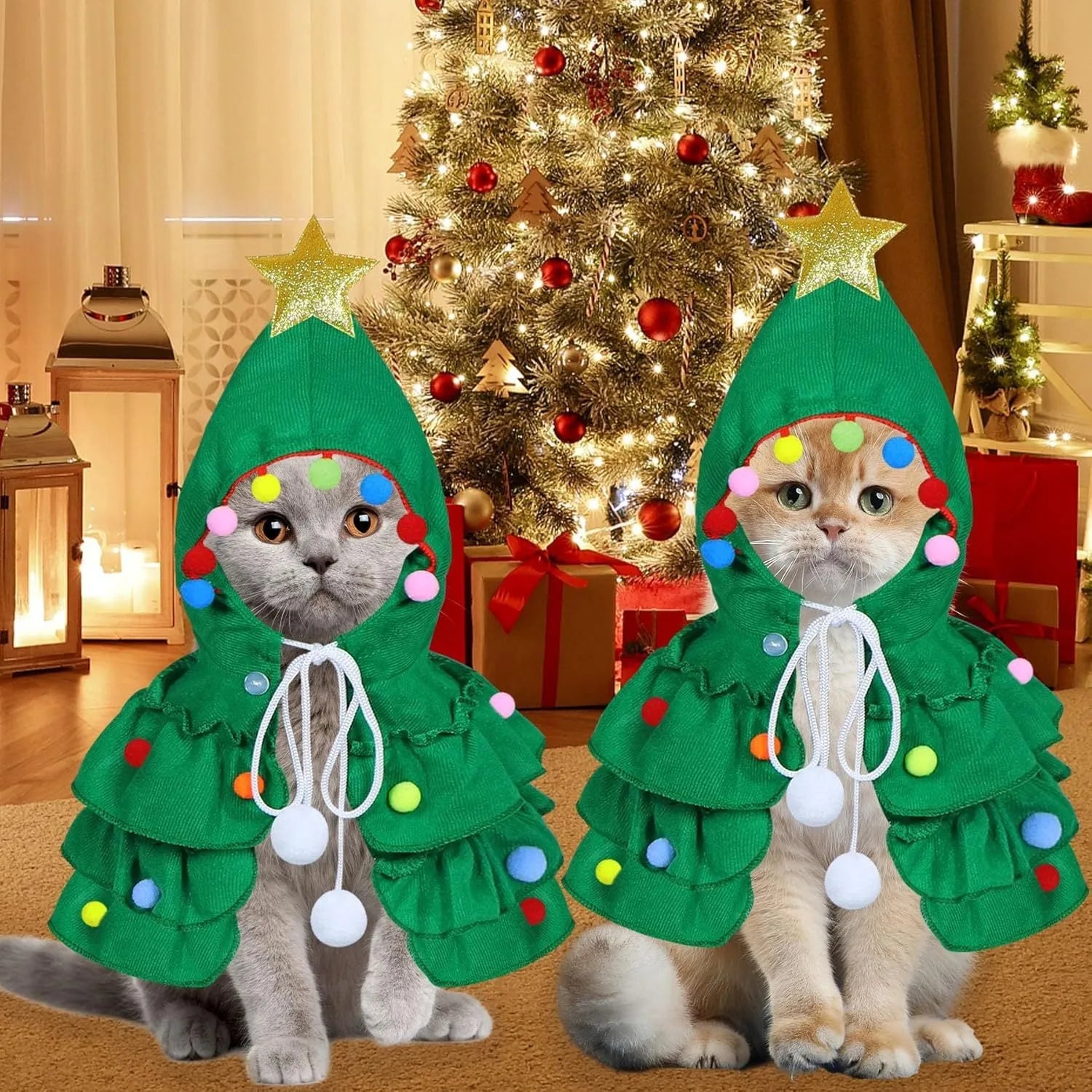 Cat Christmas tree costume in green with star ornament, size M, on a cat