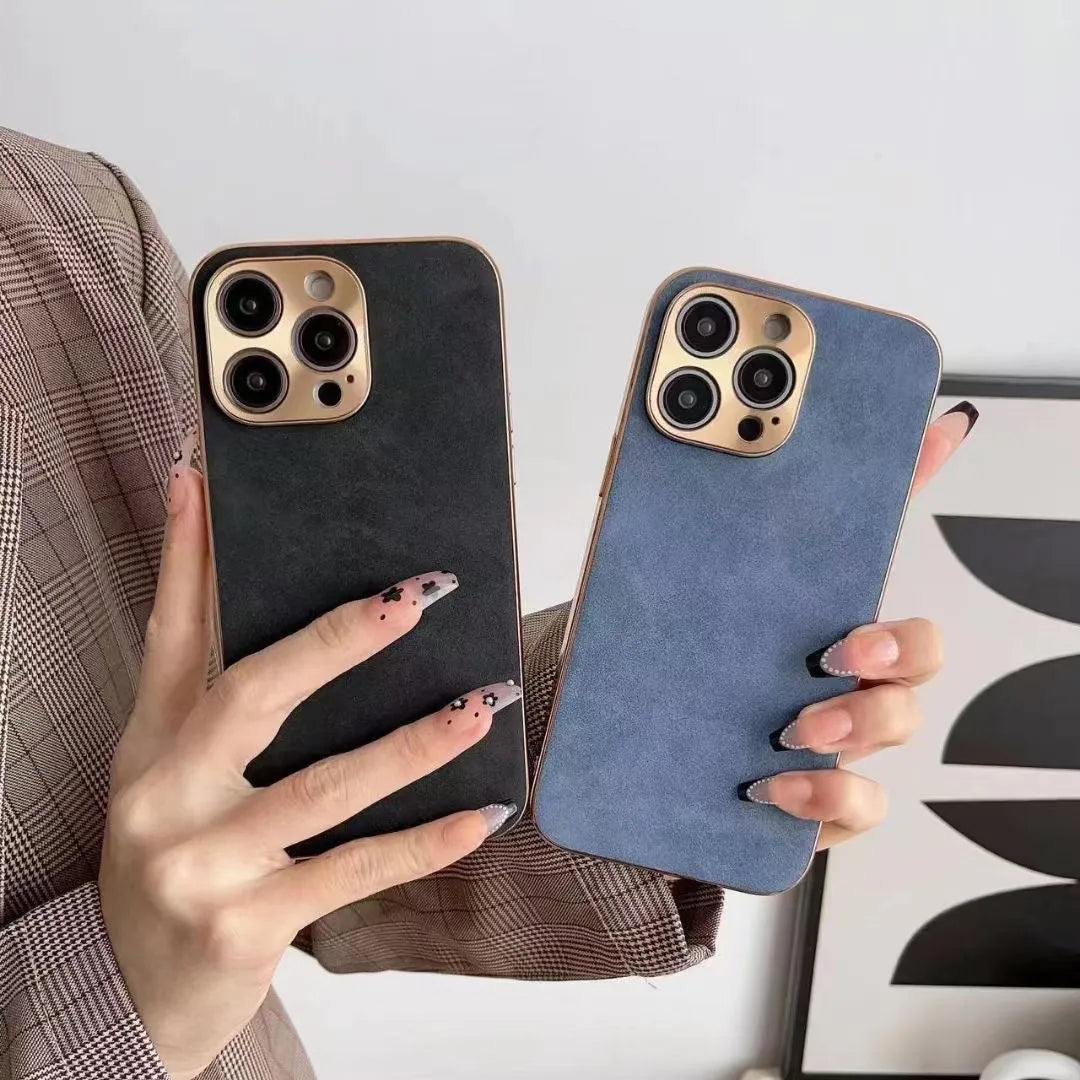 Leather texture TPU phone case for iPhone models in black, blue, grey, and grey-green colours.
