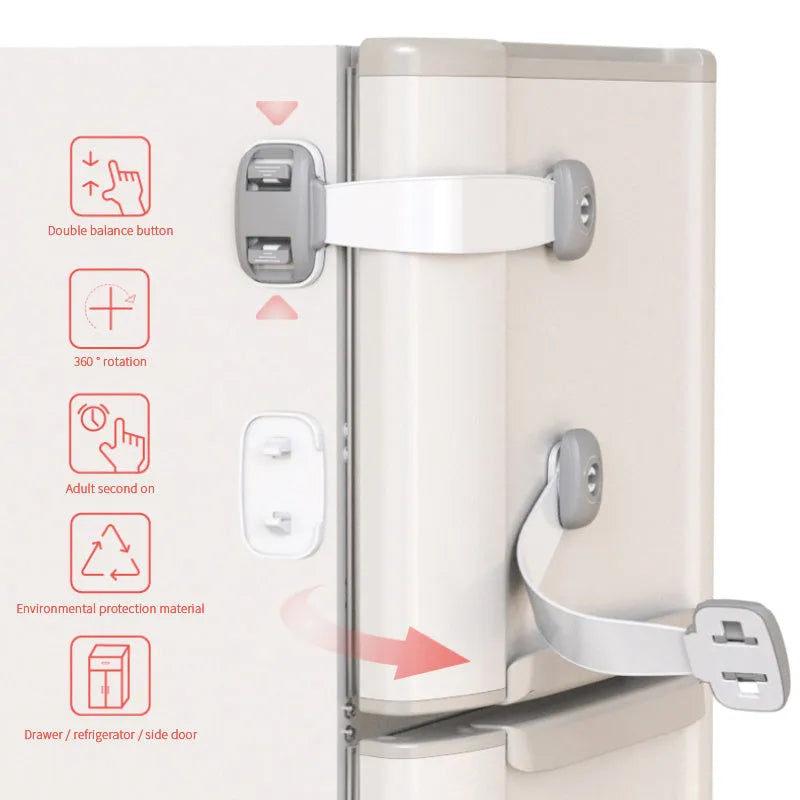 Adjustable child safety cabinet lock with strap and 3M adhesive backing