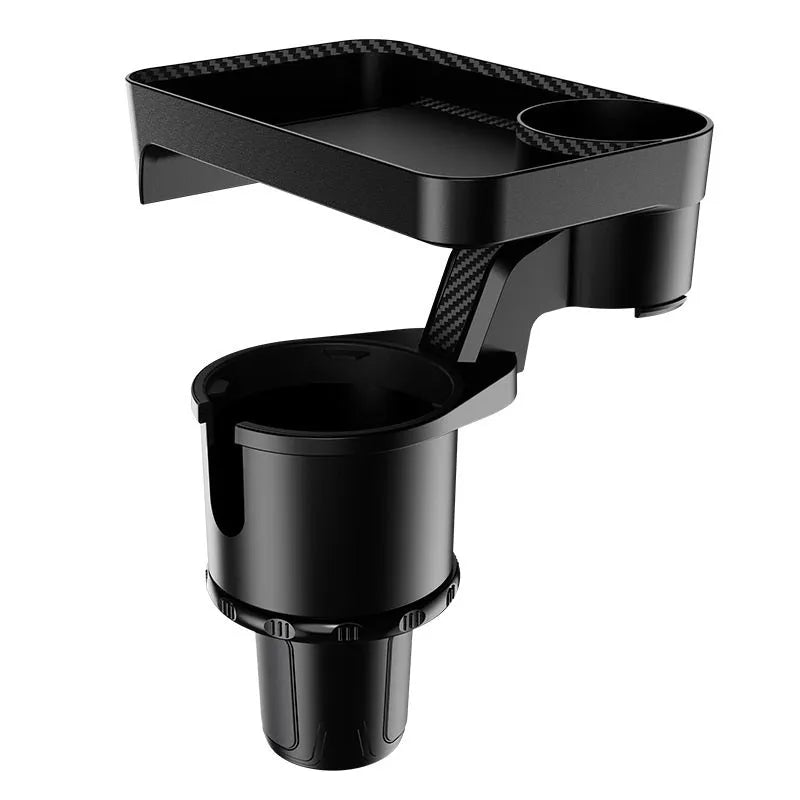 Black car cup holder with 360-degree rotating dinner tray placed in vehicle cup holder