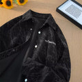 Men's embroidered retro corduroy shirt in black, loose fit cardigan style with long sleeves